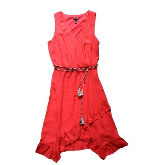 New Directions Asymmetrical Red Dress Size M Ruffle Hem Rope Sash - Picture 1 of 9